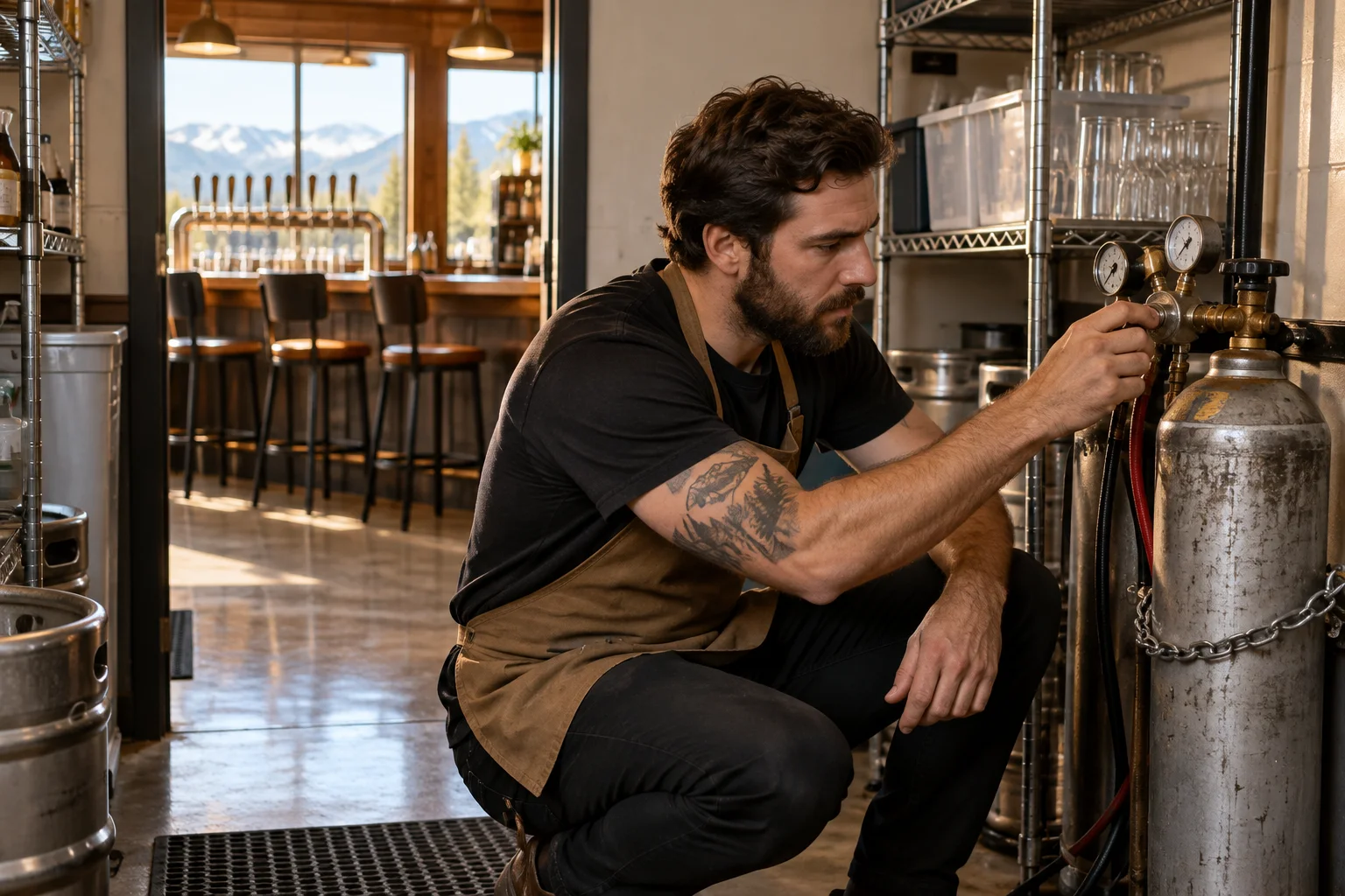 Bartender checking a CO2 cylinder gauge in a bar back room as part of a bar opening checklist