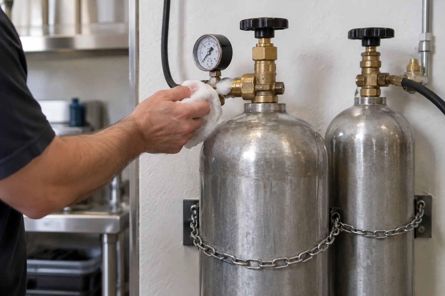 Bar back room with chained CO2 cylinders and a gauge being read before opening