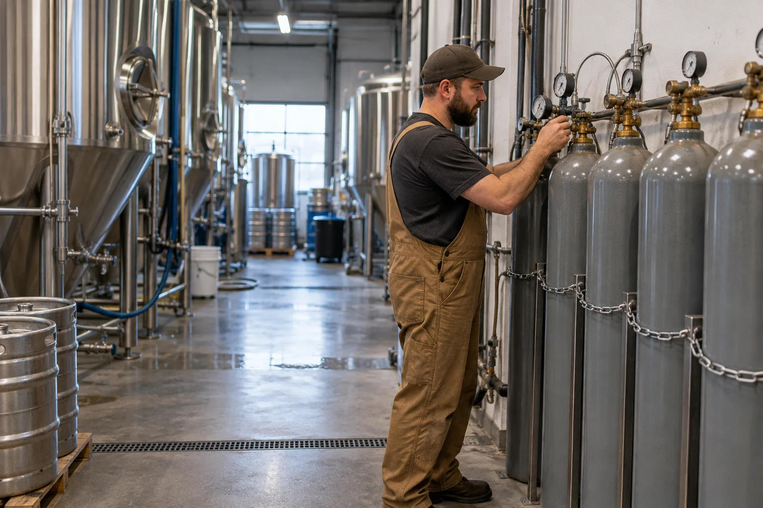 Racks of full CO2 cylinders in a brewery cellar, showing how operators prepare for a CO2 shortage
