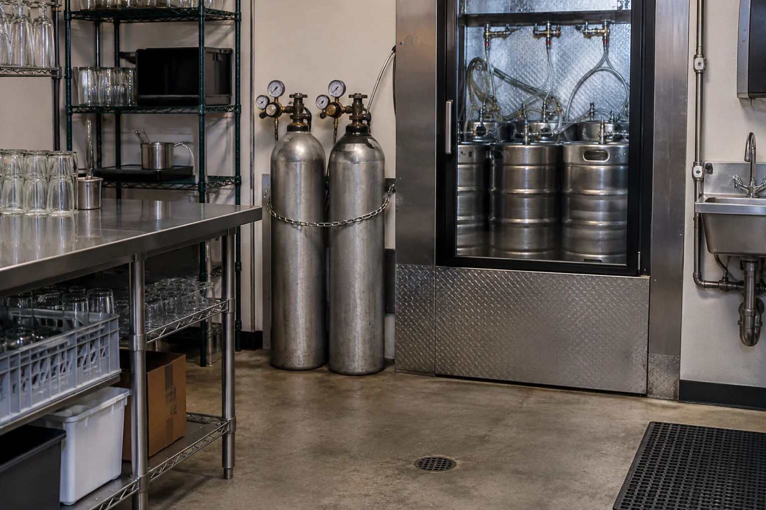 Bar back room with full CO2 cylinders secured upright beside a draft beer cooler