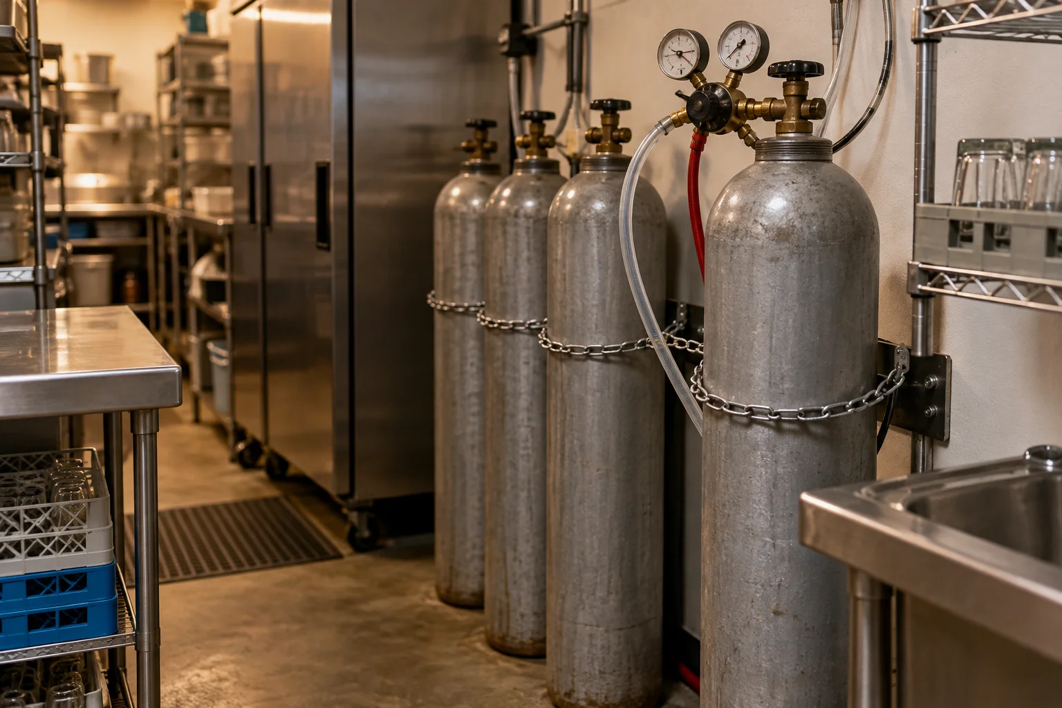 Steel CO2 cylinders chained upright in a restaurant back room, ready for a CO2 tank expiration date check