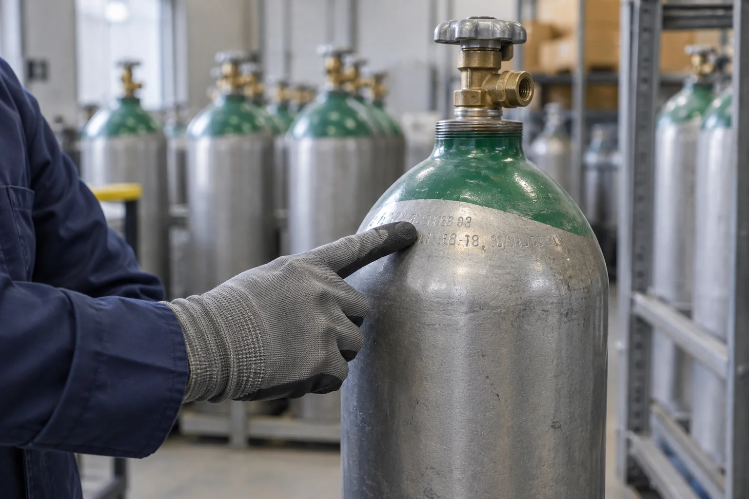 Hand pointing to the stamped test date on the shoulder of a steel CO2 cylinder