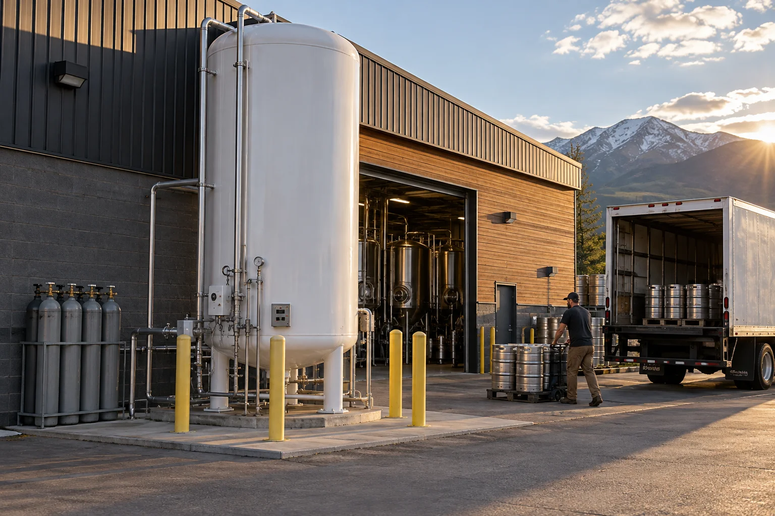 Insulated liquid CO2 tank beside a delivery truck at a Colorado brewery loading area