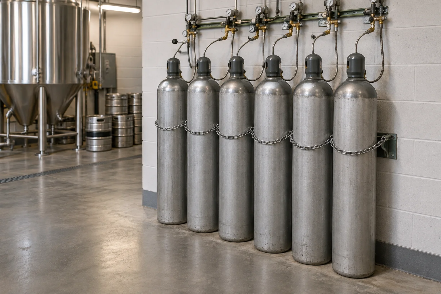 Row of CO2 cylinders secured upright against a wall in a brewery back room