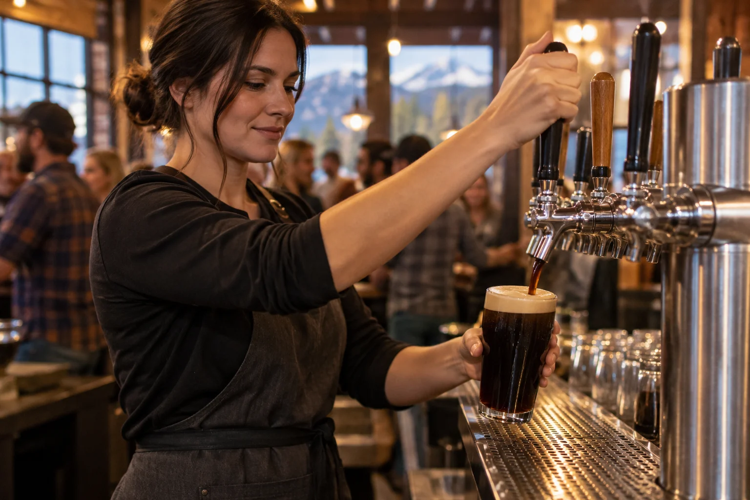 Bartender pouring a creamy stout from a nitrogen beer tap in a taproom