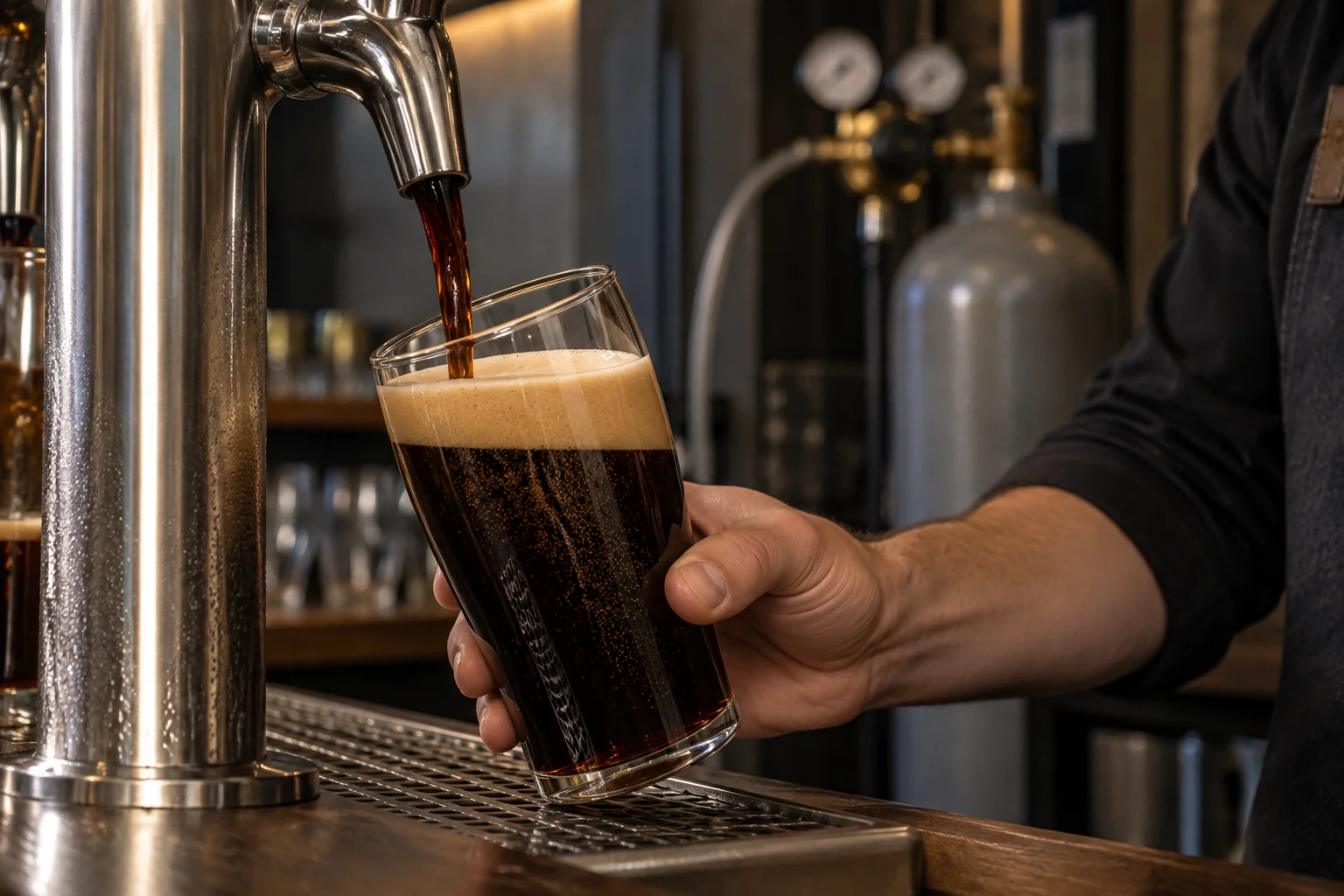 Stainless steel stout faucet pouring a creamy nitro stout into a glass at a bar
