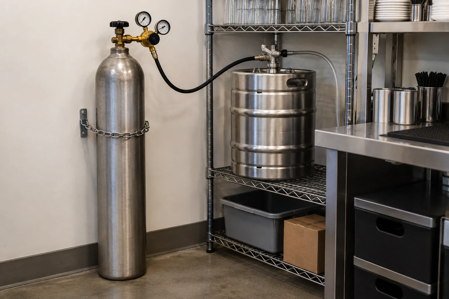 Nitrogen cylinder with regulator secured upright beside a nitro cold brew keg in a cafe back room