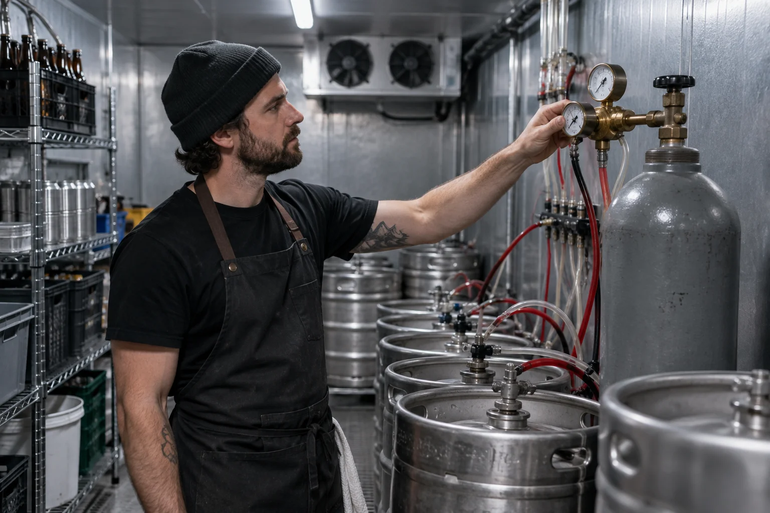 Bartender checking a CO2 regulator beside kegs to find out why a keg beer is flat