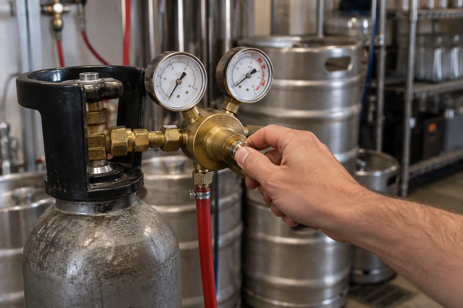 CO2 regulator with two gauges mounted on a cylinder in a bar back room beside kegs