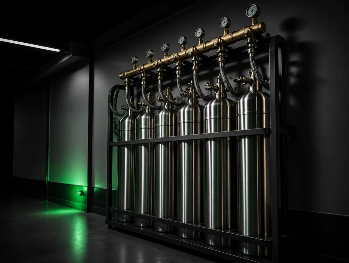 A bank of polished stainless steel high pressure CO2 cylinders in a steel frame, connected by braided hoses to a brass manifold with pressure gauges.