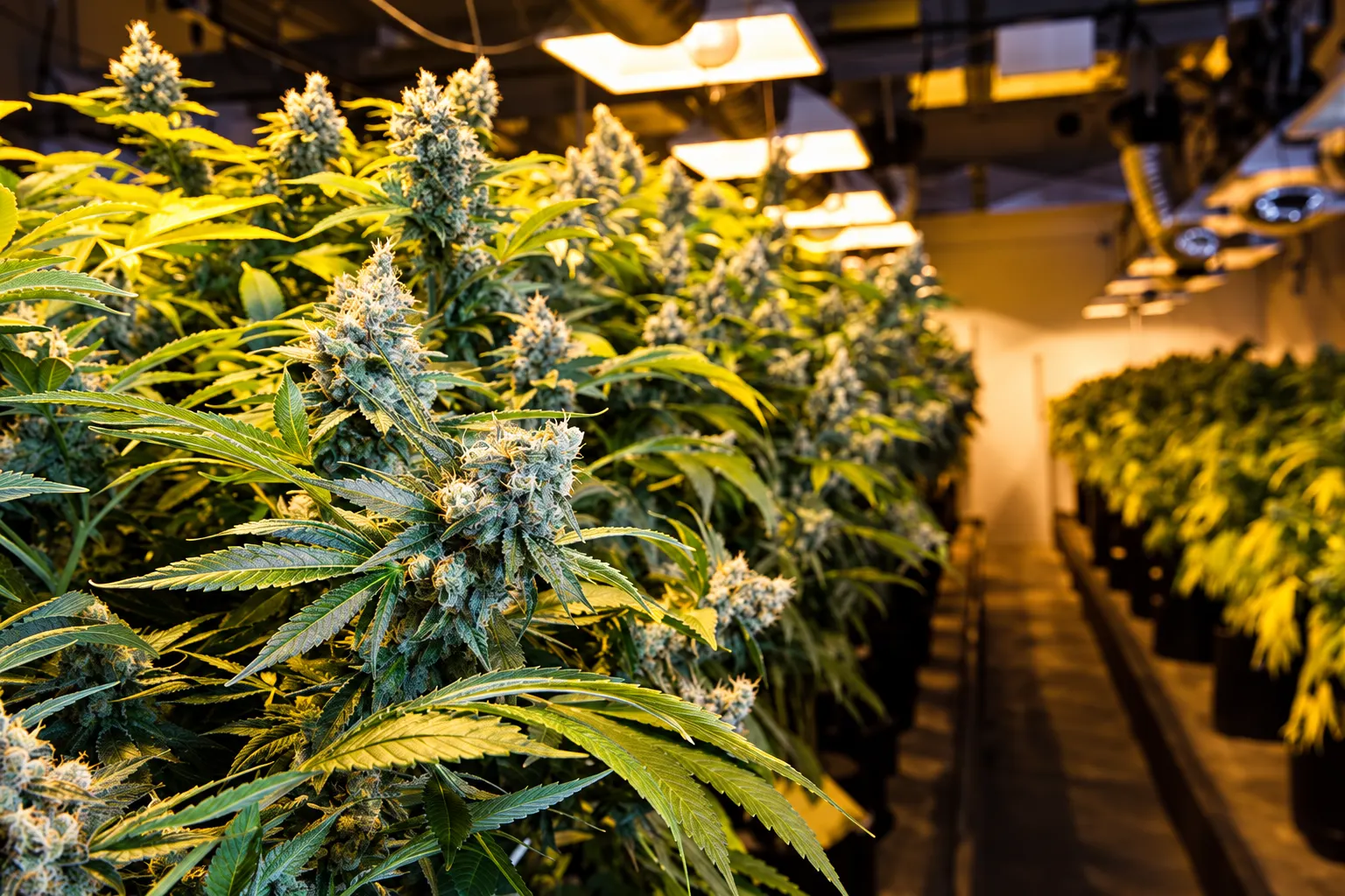 Flowering cannabis plants in a long indoor grow room under rows of grow lights.