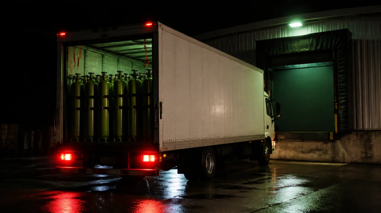 A white box delivery truck backed up to a loading dock at night, rear door open showing upright gas cylinders strapped inside.