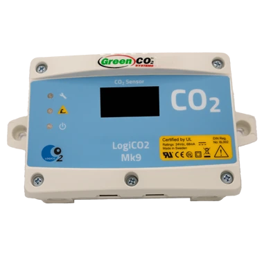 The LogiCO2 MK9 CO2 sensor with its PPM display, installed by Green CO2 Systems.